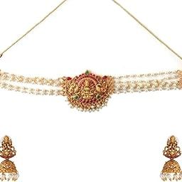 yellow chimes Temple Jewellery Set | Gold Plated Traditional Choker Necklace | Ethnic Gold Plated Choker Necklace Set for Women | Birthday Anniversary Gift for Wife-picture-1
