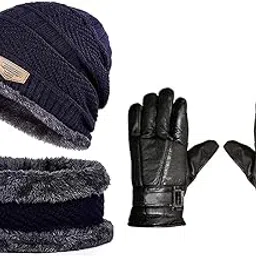 krystle Winter Soft Warm Snow Proof Woolen Beanie Cap Neck Scarf Set with Leather Hand Gloves for Men & Women (Navy Blue) Hand Gloves (Black)-picture-13