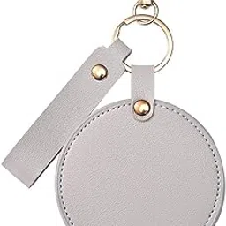 Havilah Round Shape Pocket Mirror PU Leather Keychain Rotating Mini Cosmetic Mirror – Grey-image-26