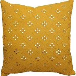 Luxurious Georgette Bright Yellow Mirror Work Cushion Cover (Set of 2)- 16x16 Inches (40 x 40 CM), Handmade Geometric Pillow Covers for Living Room, Sofa, Office, Home Decor-picture-28