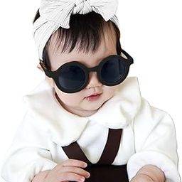 SYGA Baby Bow Jacquard Stretchable Headband With UV Protected Round Sunglasses Stylish Combo For Toddlers And Kids (White, Black Frame, Free Size)-picture-13