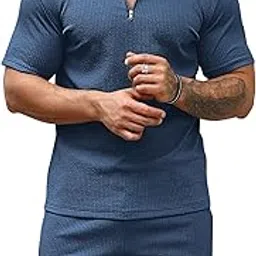 vogaan Men's Polo Shirt and Shorts Set | Summer Fashion Short Sleeve Solid Zipper 2 Pieces Outfits for Men-picture-14