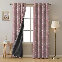 SPACES DRAPE STORY Starry Dreams Kids Heavy Satin Blackout Opaque Curtain With Lining - 95-98% Light Blocking - 8Ft Long Door - Set Of 2 Digital Printed Premium Curtains, Peach Pink image 1