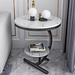 PROSFIALuxury Marble Look End Table Sofa Side Table Corner Table with Storage Shelf for Home & Living Room Small Round Indoor Outdoor Coffee Table, Round Side End Table Nightstand-picture-40