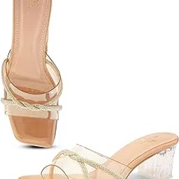 xe looks Patent Block Heels with Transparent Straps | Rhinestone Embellished Upper | Stylish Square Toe Sandals | Glossy Block Heels for Girls-picture-40