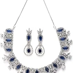 karatcart Glamorous Blue and White American Diamond Necklace Set in Sleek Silver Finish-picture-24