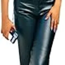 Casual Low Rise Trousers For Women, Regular Fit Faux Leather Black Solid Casual Trousers, Size- XL (6781) Gifts For Women-image-1