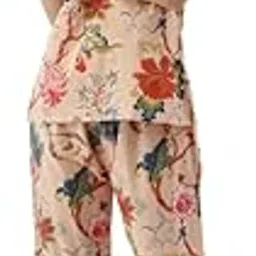 Cotton Floral Printed 2 Piece Night Suit Top & Pajama Set for Women Beige-image-32