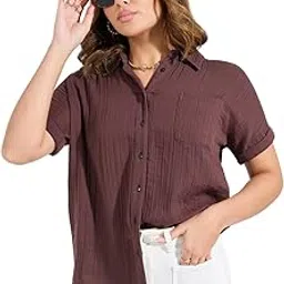 Women Regular Fit Roll-Up Sleeve Textured Button-Down Shirt | Stylish Casual Shirt for Women | Comfortable Office Wear & Everyday Western Tops-image-9