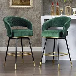 JANZO Furnitures Metal Velvet Counter Stools Upholstered Round Height - Modern Bar Chairs, Ideal Swivel Upholstered Bar Stool with Metal Frame (Set of 2) Dining Chairs for Home(Color - Green)-picture-34