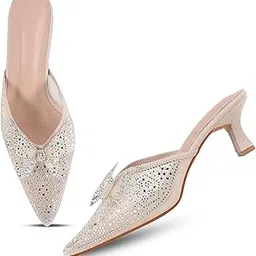 FROH FEET Women's Rhinestone Bow Glitter Kitten Heel Mules Closed Pointed Toe Fashion Backless Slip On Sparkly Stiletto Heeled Sandals for Wedding Bridal Party Dress-picture-22