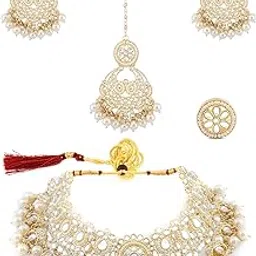 zaveri pearls Gold Tone Kundan & Pearls Bridal Necklace Earring Maangtikka & Ring Set For Women-ZPFK12203-picture-27