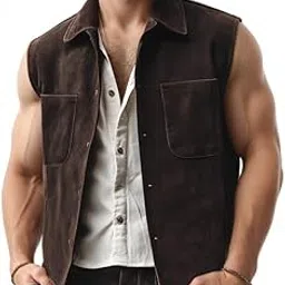urbanhides Rugged Grain Luxury Designer Suede Mens Leather Vest | Men's Leather Vest, Chocolate Brown Leather Vests, Suede Vests, Regular Fit, Two Pockets image 1