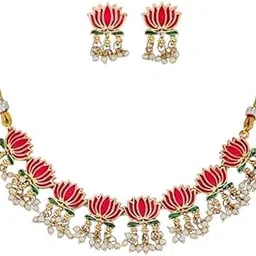 Kalka Traders Lotus Design Choker Necklace and Earring Set, Pink Enamel with Pearl Beads, Gold-Toned-picture-54