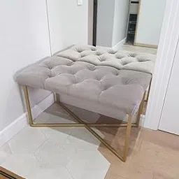 IronKaar Luxury Velvet Tufted Bench with Gold Metal Base, Modern Grey Ottoman, Upholstered Entryway Seating, X-Frame Design-picture-11