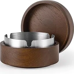 Wooden Ashtray with Lid Stainless Steel Liner Ash Tray Windproof Durable Easy to Clean Cool Ashtrays for Indoor or Outdoor, Office & Home - Small-picture-29