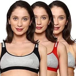 Womens Poly Cotton Non Padded Wire Free Full Coverage Daily Workout Sports Bra (Pack of 3)-image-1