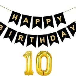 Flyloons 10th Black Colour Happy Birthday Banner Decoration Kit for 10 year Old Boys Girls Baby | with Number Ten | 13 Pcs Reusable Cardstock Happy Birthday Paper Banner-image-1