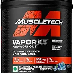 MuscleTech Vapor X5 Pre Workout Powder Support Energy and Performance with Creatine Monohydrate, Beta Alanine, L-Citrulline & Caffeine - Blue Razz Freeze, 30 Servings, 270g-image-36