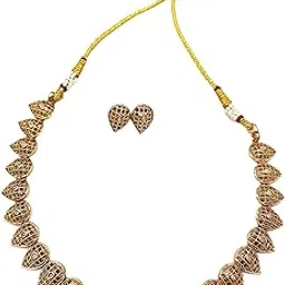 Hasli Choker Collar Necklace with Gold Plating and Earrings for Women and Girls | Traditional Maharashtrian Gujarati South Indian Rajasthani Wedding Jewellery | Ethnic Delicate Jewellery Set-image-8