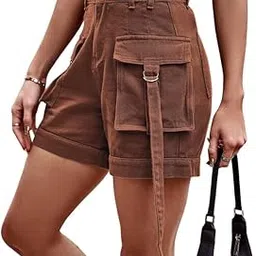 mippo Women’s Denim Pocket Shorts with Elastic Waist | Casual Mid-Rise Drawstring Bottoms-picture-12
