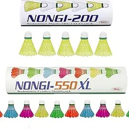 Nongi Combo Pack of 15 Shuttlecocks 550XL (10 Multicolor Feather), 200(5 Yellow Plastic) for Outdoor Indoor Sports-image-35