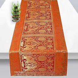 Osian Krafts Christmas Gift Orange Gold Banarsi Brocade Silk Table Runner for Dining Table 6 & 4 Seater Elephant Peacock Centre Table Top Decor Rectangle | 60x16 Inches (152x40 cm)-picture-21