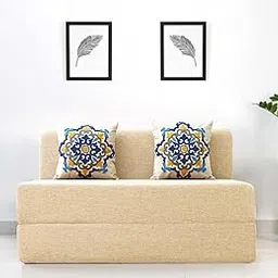 uberlyfe 2 Seater Sofa Cum Bed | Jute Fabric Washable Cover | 2 Cushions Blue Medallion Pattern | Beige | 4' X 6' Feet-picture-12