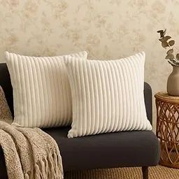 AWARD VELVETS Premium Faux Rabbit Fur Plush Luxury Soft Fluffy Striped Decorative Throw Pillow/Cushion Covers for Sofa, Couch, Living Room - (Off White, 24 x 24 inch) Set of 2-image-2