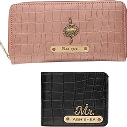 Personalized Name, Charm & Color Leather Couple Wallet For Men & Women Combo Gift Set | Marriage Wedding Anniversary Gift For Couples Friend Husband Wife, Multi Color-image-1