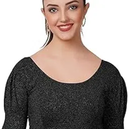 kbnbj Women's Shiny Lycra Stretchable Round Neck Half Sleeve Blouse | Ready-to-Wear Free Size Top for Sarees, Lehengas & Ethnic Wear-picture-47