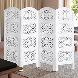 AMAZING STOCK Wooden Room Divider Partition 5-FT Folding Privacy Screen Decorative for Living Room, Bedroom, Hall, Salon, Studio & Pooja - Chinar Leaves Design, White (4 Panel)-image-0