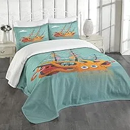 Lunarable Kraken Bedspread, Giant Squid Sinking a Pirate Boat into Ocean Anchor Ship Humor Kids Design, Decorative Quilted 3 Piece Coverlet Set with 2 Pillow Shams, Queen Size, Orange Teal-image-67