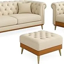 B BROWN ARTS Chesterfield Sofa Set 3+1 with Ottoman | Velvet Tufted Upholstered Modern Couch for Living Room & Office (Brown & Beige)-picture-28