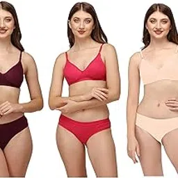 Women's Solid Cotton Mahira Mold Set Fall Bra and Panty Casual Regular Floeal Bridal, Inner Wear, Under Garment, Swimwear, Beachwear & Honeymoon Lingerie Set (Pack of 3)-image-0