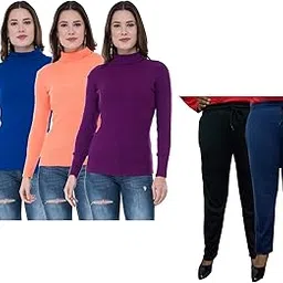Women Winter Wear Combo Pack- Full Sleeves High Neck/Skivvy and Fleece Warm Lower/Track Pants Pack of 5-image-89