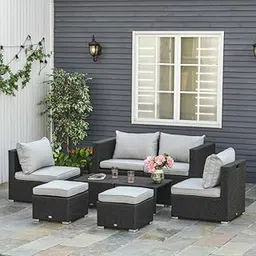 Patio Furniture Set, 6 Piece Outdoor Conversation Set All Weather Wicker Sectional Sofa with Ottoman and Cushions for Garden Deck, Or Porch.(Brown and Light Grey Color) image 1