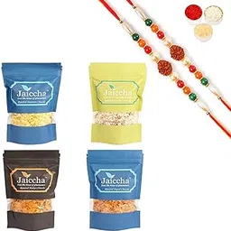 Jaiccha Ghasitaram Rakhi Gifts for Brothers - Best of 4 Chiwdas Basmati, Makai, Papad and Nachini Chiwda Pouches with 2 Rudraksh Rakhis-image-31
