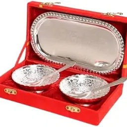 German Silver Bowl with Royal Velvet Box -5 Pieces Set Gift Item (2 Bowl 2 Spoon 1 Tray)-image-70