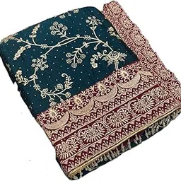 Traditional Embroidered Dress Material, Teal Green with Maroon Border, Gold Floral Design-image-16