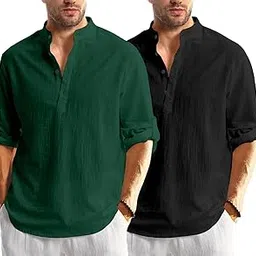 bellstone Men's Cotton Blend Solid Regular Kurtas (KURTA1600_Combo_Dark Green & Black_2XL-picture-14
