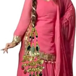 PRAAJKA Traditional Paranda Hair Braid Accessory, Gold and Multicolor, Synthetic Fiber with Mirror Work, Fan Tassels and Beads, 27 cm Length, for Women and Girls Punjabi Paranda Parandi Choti Braid Tassles Hair Accessories for Girls and Women-image-1