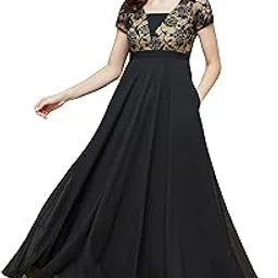 life with pockets Women's Square Neck Short Sleeves Self Design Lace Overlaid Georgette Maxi Dress-picture-24