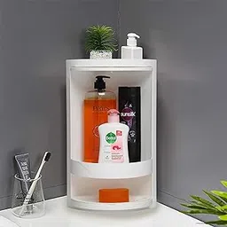 PRIME PICK Bathroom Rotating Storage Rack 2 Layer 360 Degre Rotating Multi-Function Organizer Plastic Triangle Shelf Dust-Proof Waterproof Corner Rack for Cabinet Bathroom Kitchen (White, Medium)-picture-59