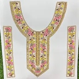 3 PC Kashmiri Hand Work Neck Patch Set for Suit & Kurti – Export Quality Thread Embroidery with Sequin Detailing.(Yellow)-picture-23