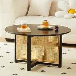 Modern Round Coffee Table with Rattan Cane Webbing, Black Metal Frame, Contemporary Boho Living Room Accent Table-picture-13