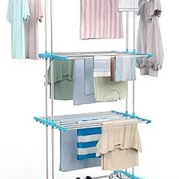 H Houseware Heavy Duty Stainless Steel 3 Tier Cloth Drying Stand with Wheels | Large Clothes Dryer & Laundry Rack | 43.2D x 78.7W x 165H cm | 5kg | Rustproof & Portable (Artic Blue)-picture-22