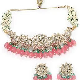 studio sukkhi All Season Kundan Studded Gold Plated Pink Multistrand Choker Necklace Set with Studs Earrings | Jewellery Set For Women And Girls (NS105814)-picture-26