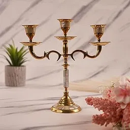 House of Wemy Single Brass & Mother of Pearl Candle Holder for Taper Candles – Decorative Candlestick for Home, Bedroom, Living Room Decor, Table Centerpieces (Candelabra) 22 x 22 cm-image-0