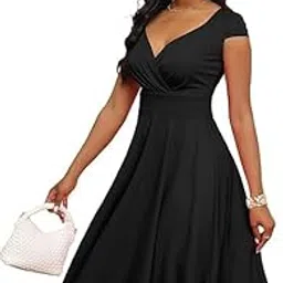 Women's Vintage V-Neck Pleated A-Line Swing Dress Elegant Cap Sleeve Cocktail Party & Formal Midi Dress-image-82